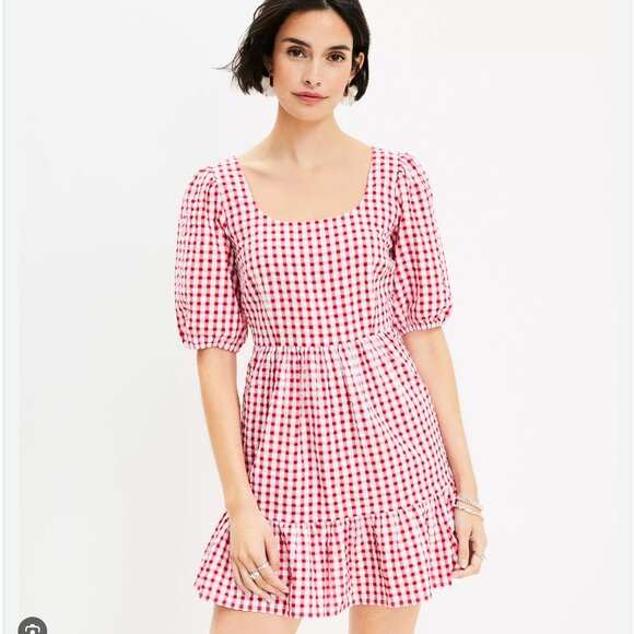 Ann Taylor Loft Gingham Tie Back Red White Tiered Mini Dress Women's Size 4 - Picture 1 of 8